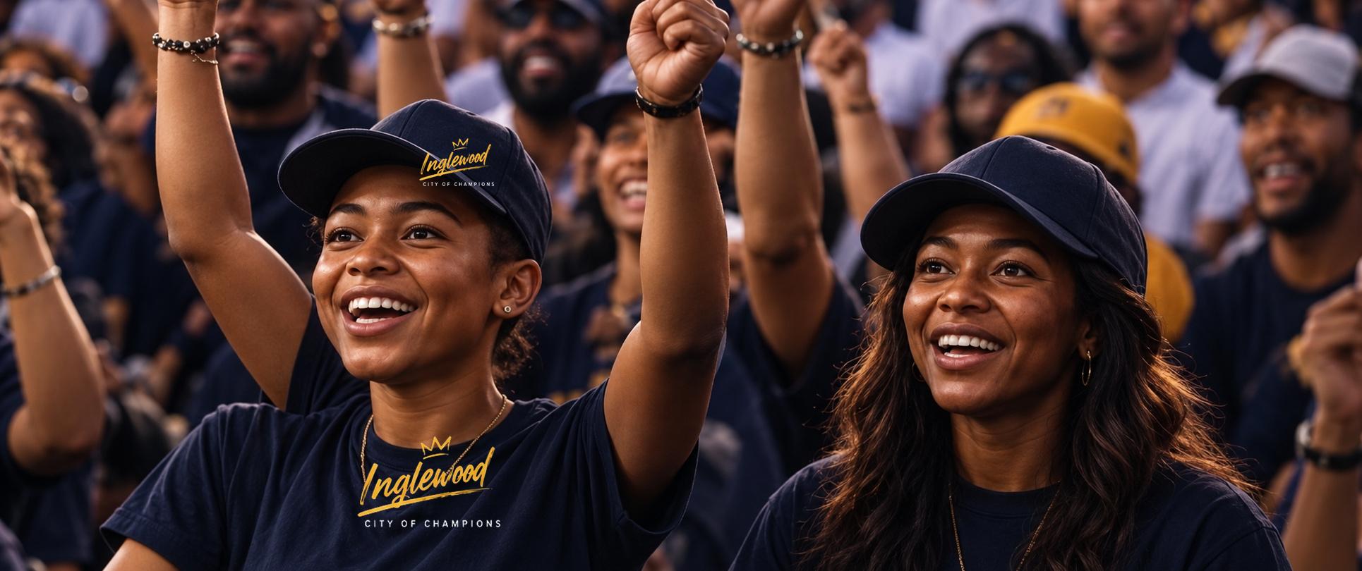 Young fans in Inglewood caps cheering together; brush lettering reads Good games. Brighter futures.