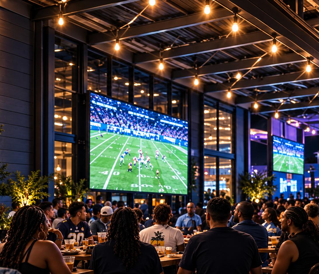 Fans filling an outdoor venue under string lights, football on the big screens