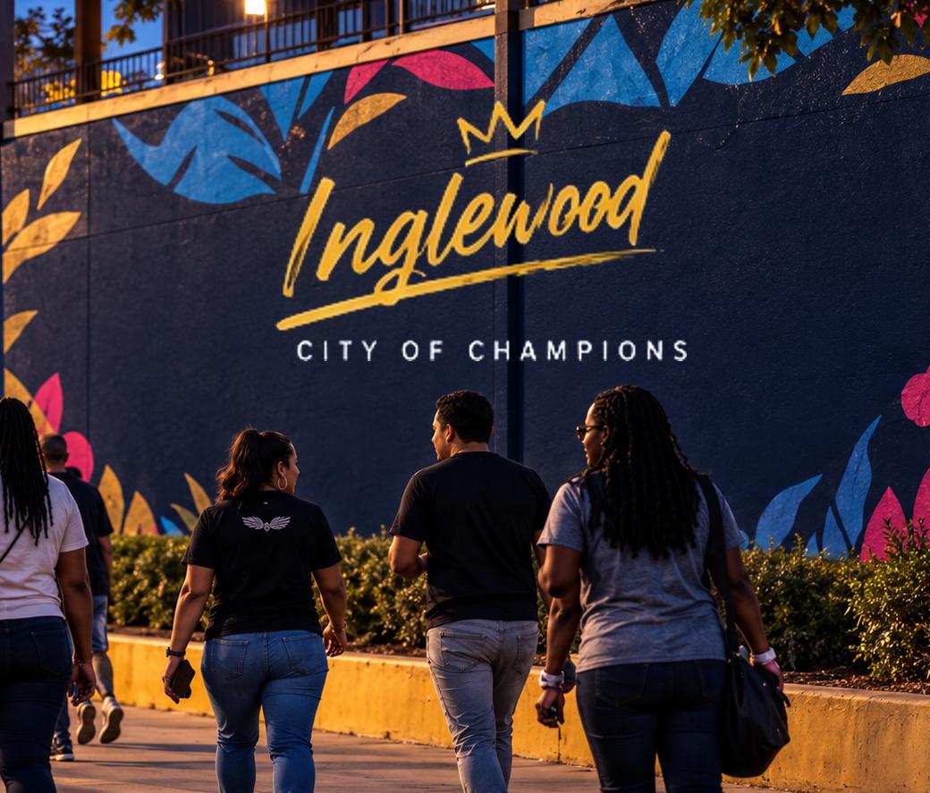 Neighbors walking past a large Inglewood mural at dusk