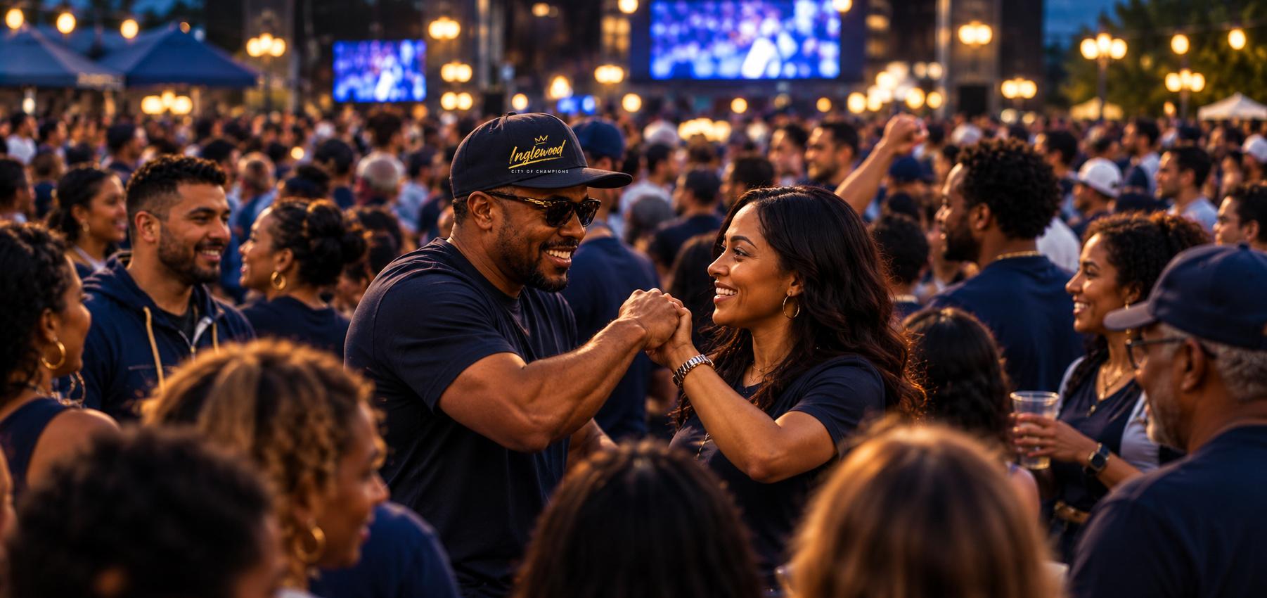 Neighbors in Inglewood gear bumping fists in a game-day crowd
