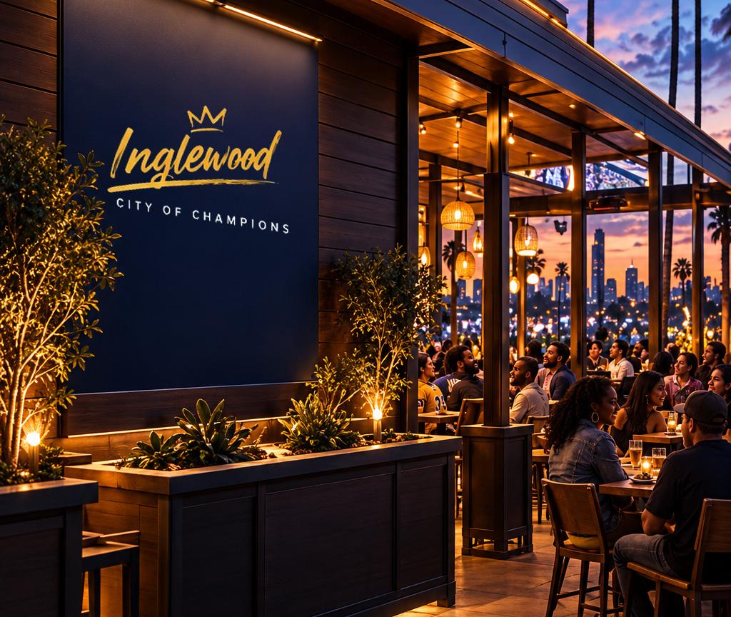 An Inglewood venue patio at dusk under a lit GREAT FOOD GREAT GAMES GREATER NEIGHBORS sign